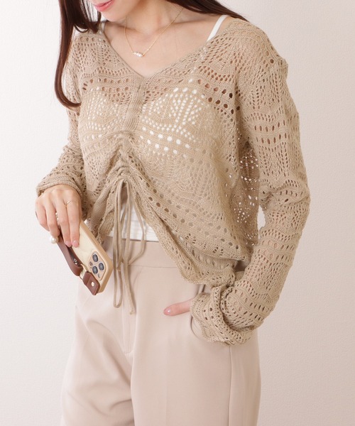 Lace Ladies(レースレディース)の「透かし編み ドローストリング Vネック ニット プルオーバー(ニット/セーター・レディース・ブラック/ベージュ/ピンク/アイボリー/ホワイト・FREE)」の17枚目の写真