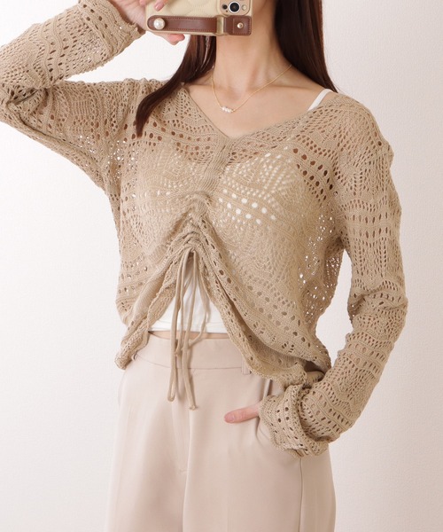 Lace Ladies(レースレディース)の「透かし編み ドローストリング Vネック ニット プルオーバー(ニット/セーター・レディース・ブラック/ベージュ/ピンク/アイボリー/ホワイト・FREE)」の19枚目の写真