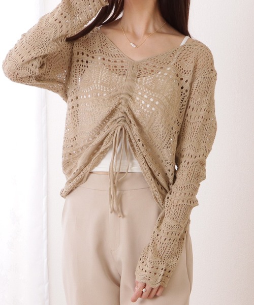 Lace Ladies(レースレディース)の「透かし編み ドローストリング Vネック ニット プルオーバー(ニット/セーター・レディース・ブラック/ベージュ/ピンク/アイボリー/ホワイト・FREE)」の16枚目の写真