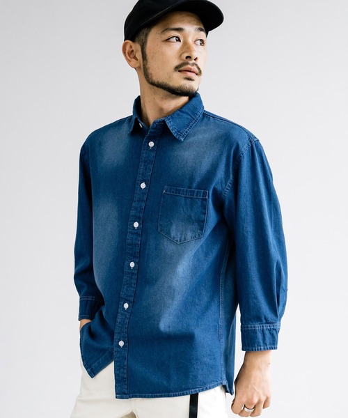 Rocky Monroe(ロッキーモンロー)の「レギュラーカラー7分袖デニムシャツ(シャツ/ブラウス・メンズ・ブルー/ライトブルー/ネイビー・M/L/LL)」の1枚目の写真