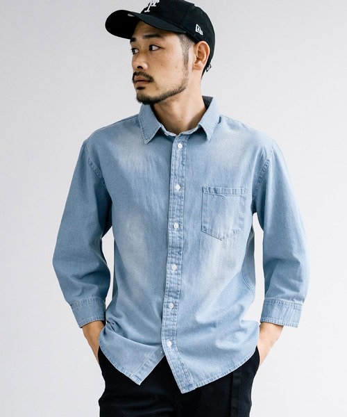 Rocky Monroe(ロッキーモンロー)の「レギュラーカラー7分袖デニムシャツ(シャツ/ブラウス・メンズ・ブルー/ライトブルー/ネイビー・M/L/LL)」の2枚目の写真
