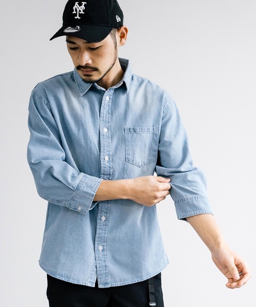 Rocky Monroe(ロッキーモンロー)の「レギュラーカラー7分袖デニムシャツ(シャツ/ブラウス・メンズ・ブルー/ライトブルー/ネイビー・M/L/LL)」の4枚目の写真