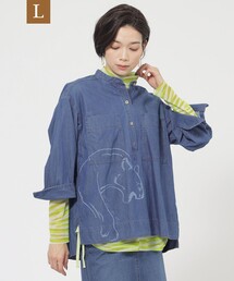 【L】【ウォッシャブル】ライトデニムバンドカラーブラウス