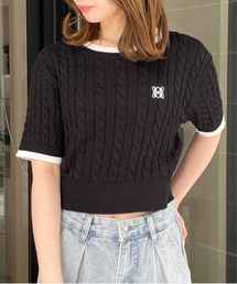 半袖ケーブル配色ニット