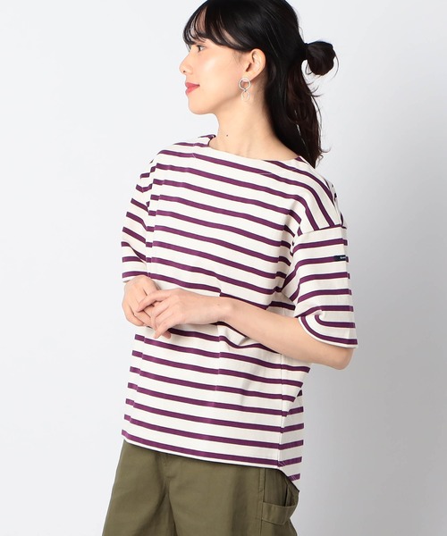 Grand PARK(グランドパーク)の「日本製 デラヴェ天竺 半袖Tシャツボーダー シーズンカラー(Tシャツ/カットソー・レディース・ホワイト系/ベージュ系/グリーン系1・FREE)」の1枚目の写真