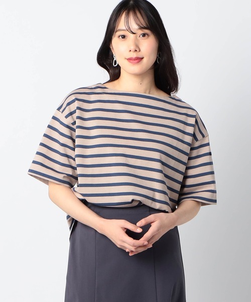 Grand PARK(グランドパーク)の「日本製 デラヴェ天竺 半袖Tシャツボーダー シーズンカラー(Tシャツ/カットソー・レディース・ホワイト系/ベージュ系/グリーン系1・FREE)」の2枚目の写真