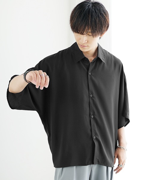 ブラック 半袖シャツ ドローストリング付き MinoriTY】さらさらとろみ素材ドルマンシルエット半袖シャツ ビッグ