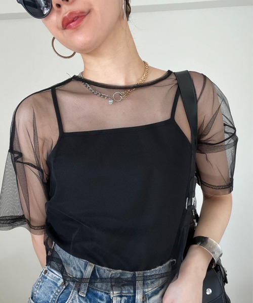 ハンドメイド　トップス　クロップド　チュール チュールクロップドTシャツ＋キャミソール 2点セット（Tシャツ