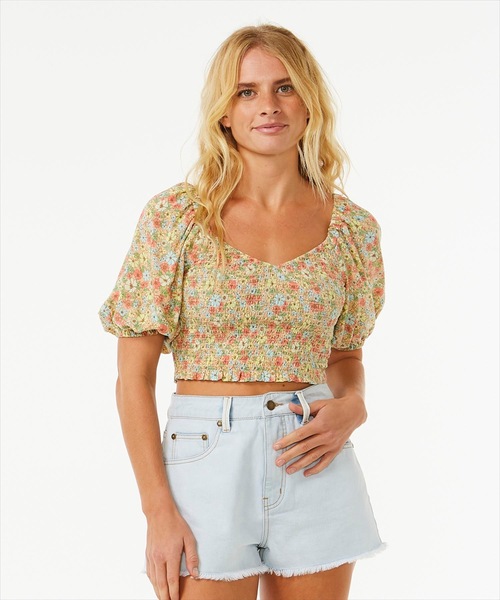 【セール】【RIPCURL/リップカール】L SEA OF DREAMS TOP ショート丈マルチフラワープリントシャーリングディテールブラウス（シャツ/ブラウス）｜RIP CURL（リップカール）