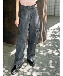 デニムパンツ（ブラック/黒色系・ビジュー）ファッション通販