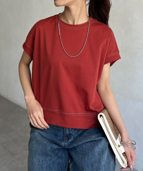 Chez toi(シェトワ)の「ラメ糸ステッチBACKコクーンTシャツ(Tシャツ/カットソー・レディース・オレンジ/チャコールグレー/オフホワイト・FREE)」の4枚目の写真