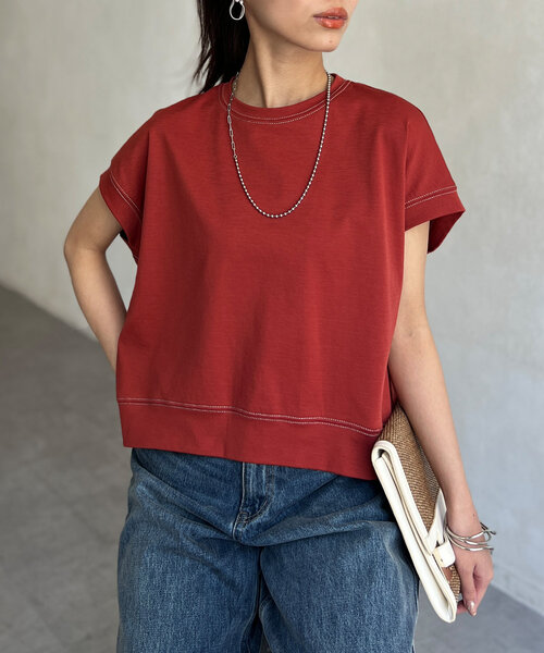 Chez toi(シェトワ)の「ラメ糸ステッチBACKコクーンTシャツ(Tシャツ/カットソー・レディース・オレンジ/チャコールグレー/オフホワイト・FREE)」の5枚目の写真