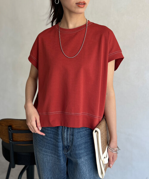 Chez toi(シェトワ)の「ラメ糸ステッチBACKコクーンTシャツ(Tシャツ/カットソー・レディース・オレンジ/チャコールグレー/オフホワイト・FREE)」の6枚目の写真