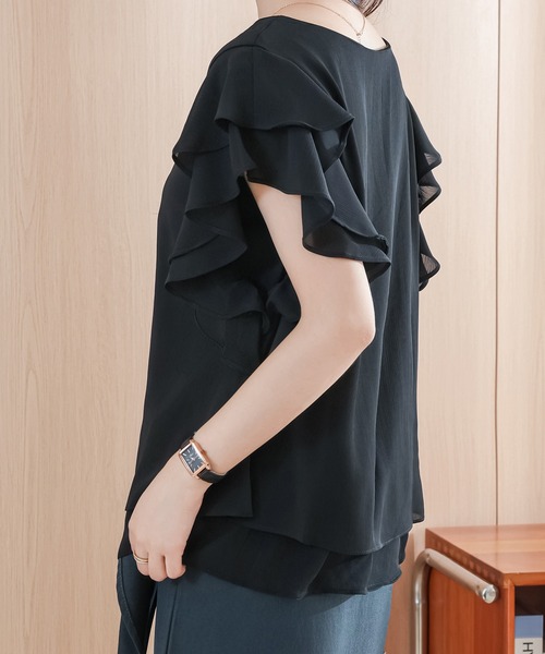 FRILL ブラック フリルトップス 半袖 楽天市場】大きいサイズ 2way フリルブラウス風Tシャツ Tシャツ