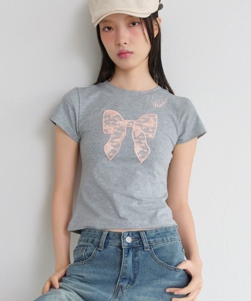 Rose Frantz★韓国★人気★Lace Ribbon T-shirt リボン 追跡付 リボン Rose Frantz(ロゼフランツ) トップス(レディース) - 海外