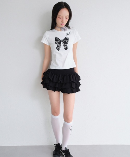 FCMM(エフシーエムエム)の「【日本限定】LACE RIBBON CROP TEE/レースリボンクロップT(Tシャツ/カットソー・レディース・ホワイト/ブラック/グレー・MEDIUM/SMALL)」の4枚目の写真