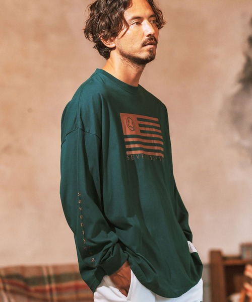 seventy seven（セブンティセブン）の「mlt4831- middle onz over size L-S t-shirts (flag) カットソー（Tシャツ/カットソー・メンズ・ブラック/グリーン系その他/ホワイト・S/M/L/XL）」の5枚目の写真