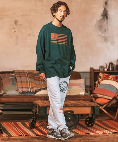 seventy seven（セブンティセブン）の「mlt4831- middle onz over size L-S t-shirts (flag) カットソー（Tシャツ/カットソー・メンズ・ブラック/グリーン系その他/ホワイト・S/M/L/XL）」の6枚目の写真