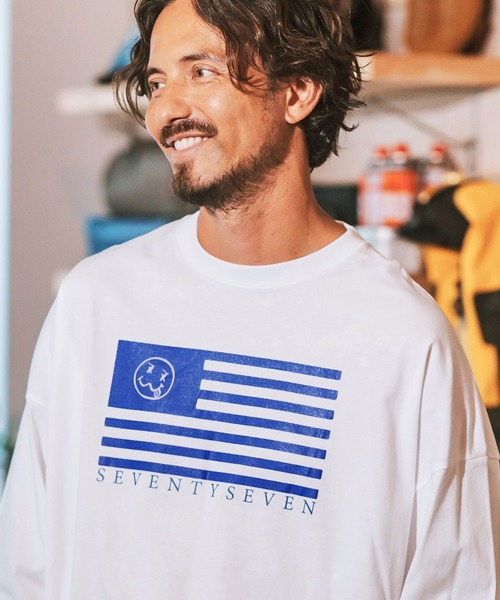 seventy seven（セブンティセブン）の「mlt4831- middle onz over size L-S t-shirts (flag) カットソー（Tシャツ/カットソー・メンズ・ブラック/グリーン系その他/ホワイト・S/M/L/XL）」の9枚目の写真