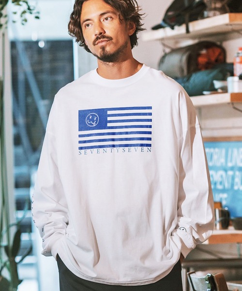 seventy seven（セブンティセブン）の「mlt4831- middle onz over size L-S t-shirts (flag) カットソー（Tシャツ/カットソー・メンズ・ブラック/グリーン系その他/ホワイト・S/M/L/XL）」の10枚目の写真