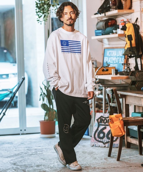 seventy seven（セブンティセブン）の「mlt4831- middle onz over size L-S t-shirts (flag) カットソー（Tシャツ/カットソー・メンズ・ブラック/グリーン系その他/ホワイト・S/M/L/XL）」の13枚目の写真
