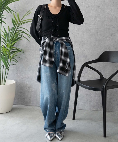 セール】WEGO/レイヤードレースアップ長袖トップス（Tシャツ