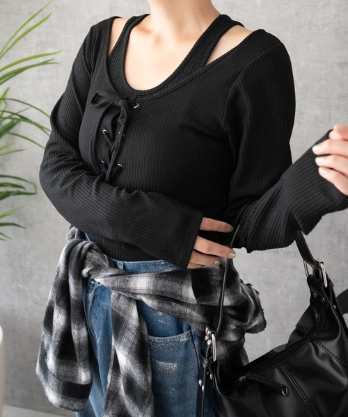 セール】WEGO/レイヤードレースアップ長袖トップス（Tシャツ