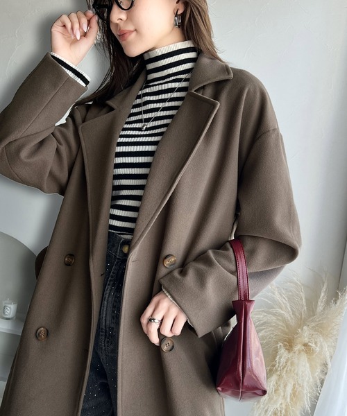 【極美品】】リングジャケット　ダブルチェスターコート　ベルト　ウール　茶　48 洗練された秋冬スタイルを彩る。フェイクウールベルト付きダブル