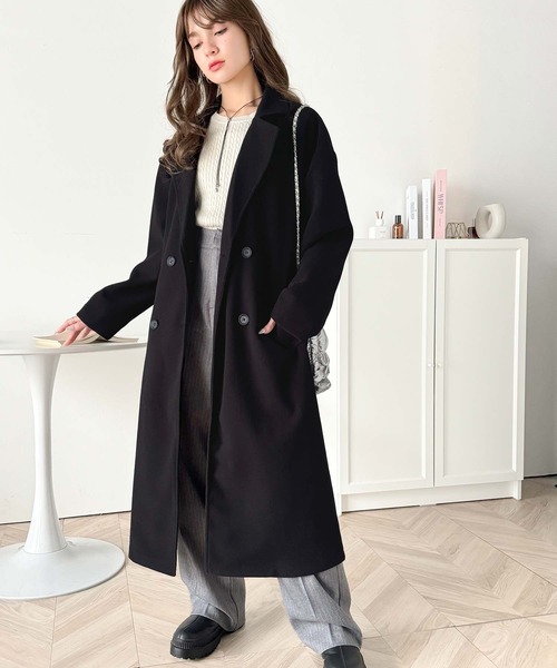 美品】プリーツプリーズ　ダブルチェスターコート　ライナー付き　ロング丈　3サイズ コート レディース アウター ロング丈 弱撥水 filomo 春コート