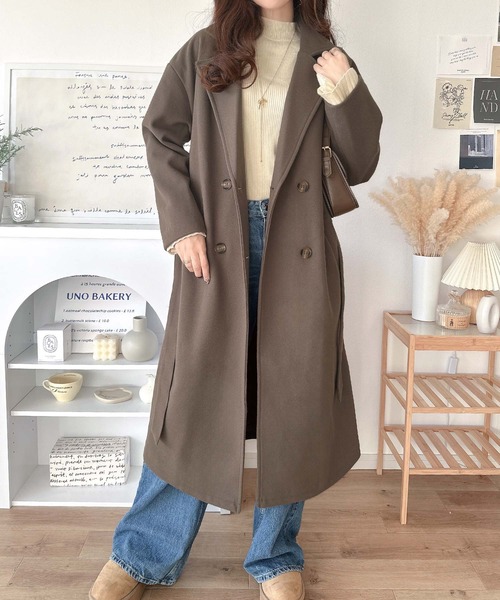 classicalelf(クラシカルエルフ)の「洗練された 冬スタイルを彩る。 フェイク ウール ベルト付き ダブル チェスター コート(ロング丈)(チェスターコート・レディース・チャコール/ブラック/ブラウン・X-LARGE/SMALL/MEDIUM/LARGE)」の21枚目の写真