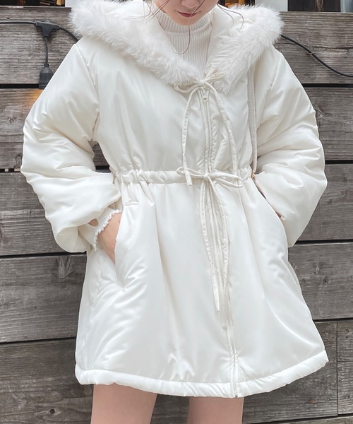 セール】ファー付きリボン中綿ダウンコート（ノーカラーコート）｜one