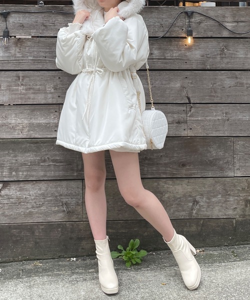 セール】ファー付きリボン中綿ダウンコート（ノーカラーコート）｜one