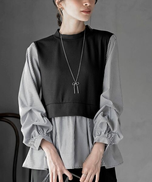 rps（アールピーエス）の「変形タックスリーブドッキングブラウス（シャツ/ブラウス・レディース・グレイッシュブルー/アイボリー/ライトグレー/ストライプ/チェック・フリー）」の4枚目の写真