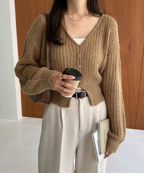 セール】ウール混モヘアタッチショート丈Vネックニットカーディガン
