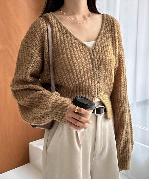 andme（アンドミー）の「ウール混モヘアタッチショート丈Vネックニットカーディガン（カーディガン/ボレロ・レディース・グリーン/ベージュ/オフホワイト/チャコールグレー・M）」の11枚目の写真