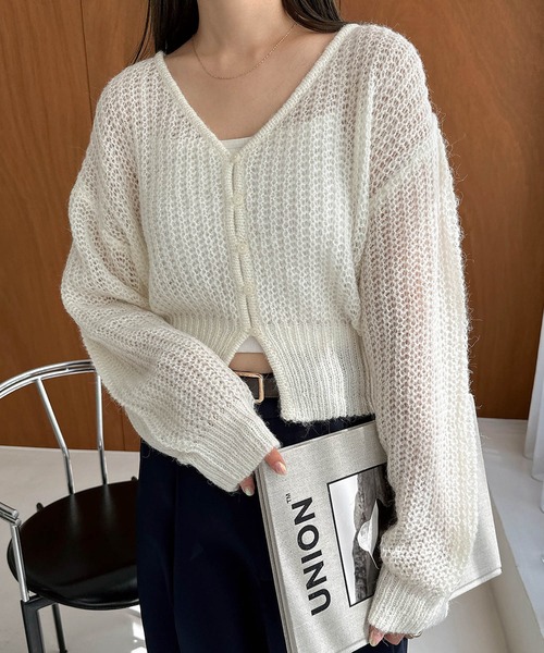 andme（アンドミー）の「ウール混モヘアタッチショート丈Vネックニットカーディガン（カーディガン/ボレロ・レディース・グリーン/ベージュ/オフホワイト/チャコールグレー・M）」の6枚目の写真