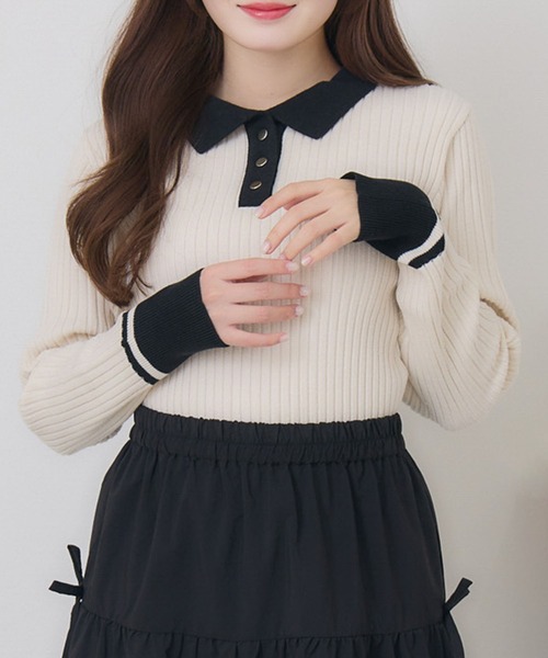 ems excite（エムズエキサイト）の「金ボタン襟NTPO（ニット/セーター・レディース・ピンク/ブルー/チャコールグレー/ナチュラル・FREE）」の3枚目の写真