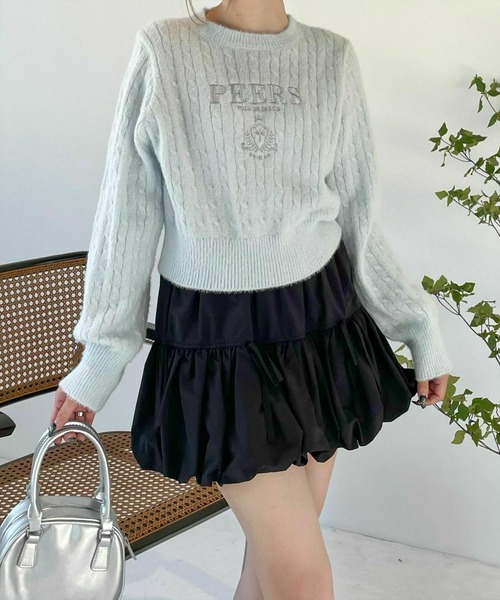 セール】フロント刺繍シャギーケーブルニットトップス[大人