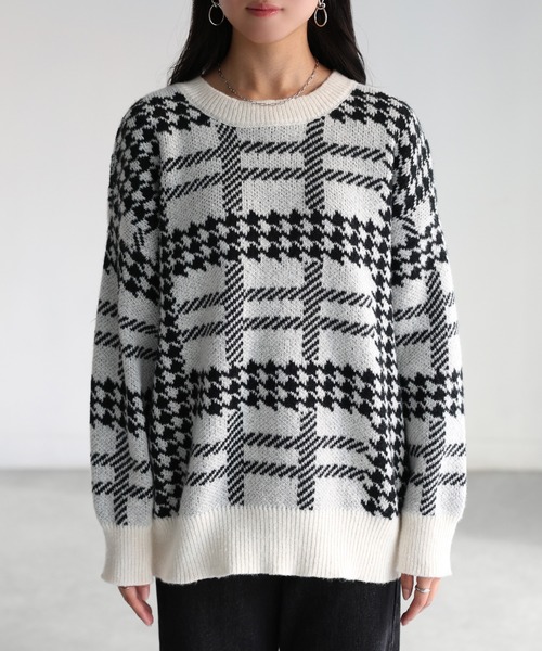 【45R】45rpm 馬比古ウール100% ジャガードニットセーター チェック柄 セール】千鳥柄チェックジャガードニット（ニット/セーター）｜Riberry
