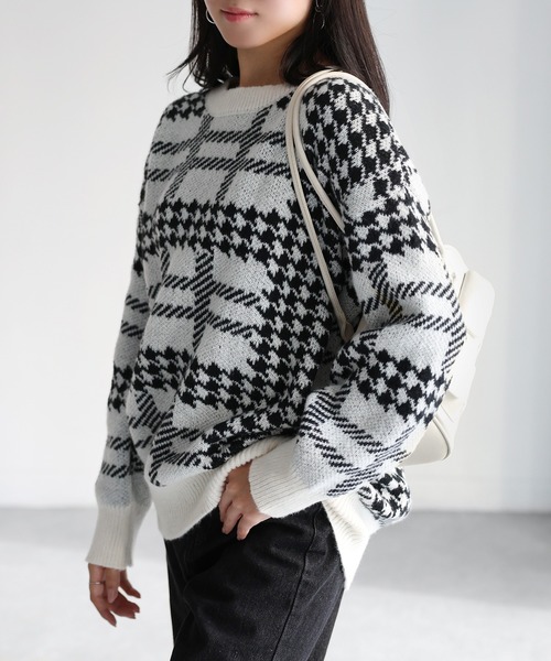 【45R】45rpm 馬比古ウール100% チェック柄 ジャガードニットブラウス セール】千鳥柄チェックジャガードニット（ニット/セーター）｜Riberry