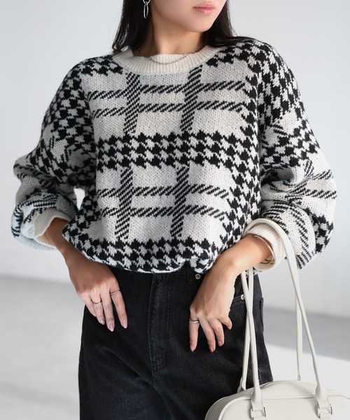セール】千鳥柄チェックジャガードニット（ニット/セーター）｜Riberry