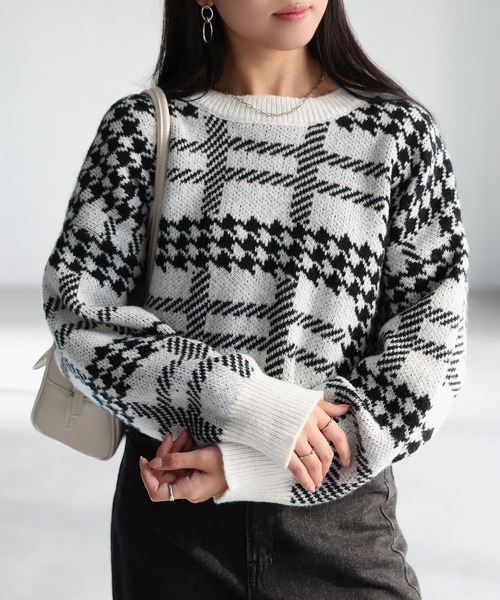 セール】千鳥柄チェックジャガードニット（ニット/セーター）｜Riberry