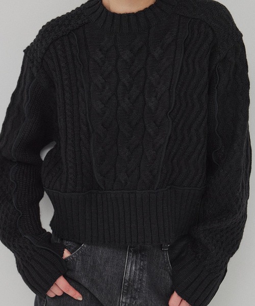 PUBLIC TOKYO（パブリックトウキョウ）の「ケーブルパッチワークニット（ニット/セーター・レディース・マルチ/ブラック/アイボリー・FREE）」の13枚目の写真