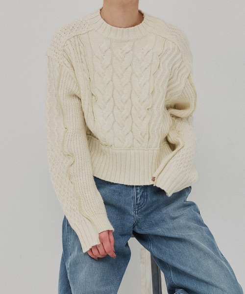 PUBLIC TOKYO（パブリックトウキョウ）の「ケーブルパッチワークニット（ニット/セーター・レディース・マルチ/ブラック/アイボリー・FREE）」の16枚目の写真
