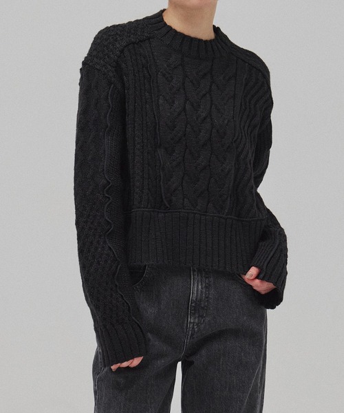 PUBLIC TOKYO（パブリックトウキョウ）の「ケーブルパッチワークニット（ニット/セーター・レディース・マルチ/ブラック/アイボリー・FREE）」の7枚目の写真