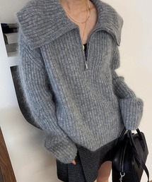 モヘアライクビッグカラーハーフジップニット
