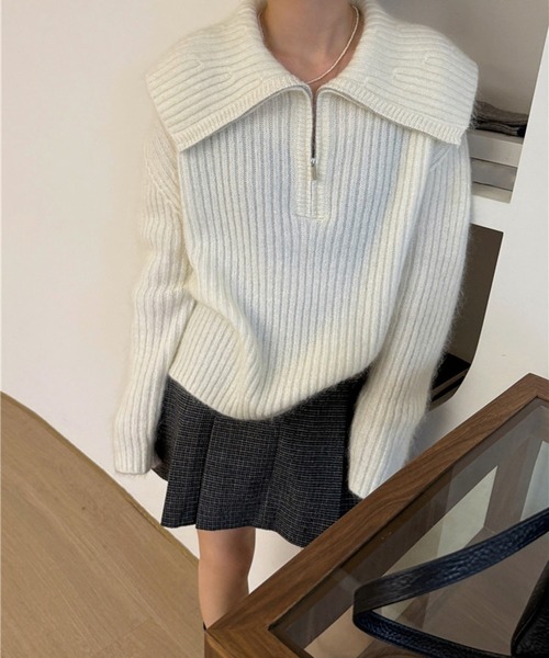 LYEON（リヨン）の「モヘアライクビッグカラーハーフジップニット（ニット/セーター・レディース・オフホワイト/グレー・FREE）」の13枚目の写真
