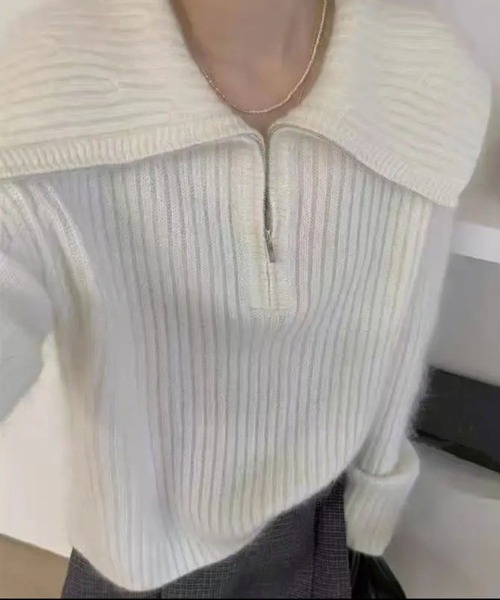 LYEON（リヨン）の「モヘアライクビッグカラーハーフジップニット（ニット/セーター・レディース・オフホワイト/グレー・FREE）」の12枚目の写真