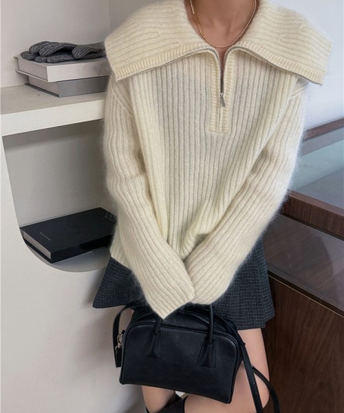 LYEON（リヨン）の「モヘアライクビッグカラーハーフジップニット（ニット/セーター・レディース・オフホワイト/グレー・FREE）」の11枚目の写真