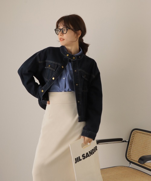 LAULEN(ローレン)の「stand collar denim jacket /スタンドカラー デニム ジャケット(デニムジャケット・レディース・ネイビー・FREE)」の1枚目の写真